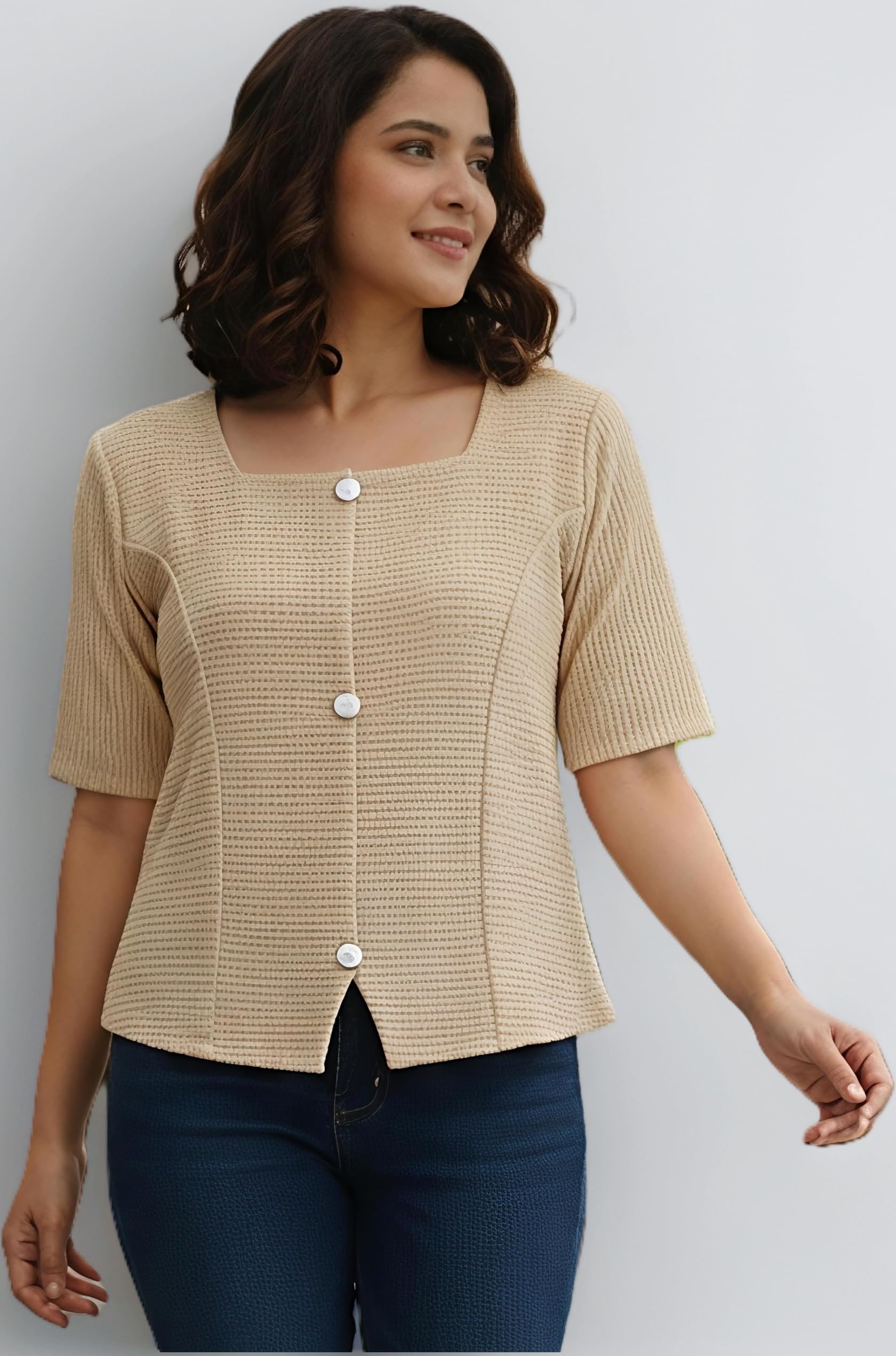 Women's Ribbed Knit Top, Short Sleeve Button Front Square Neck Textured Casual Blouse