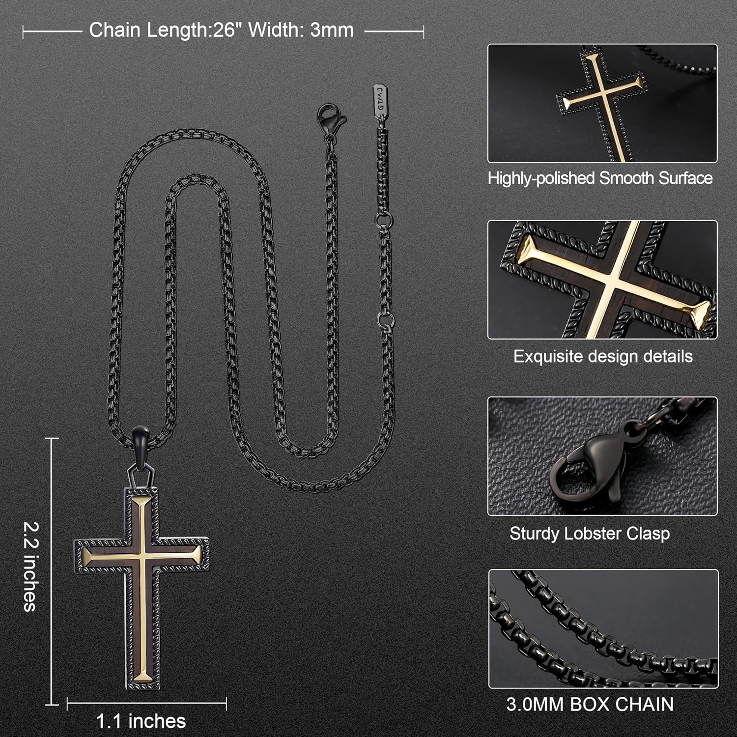 Wooden Cross Necklace for Men-Black Ebony Stainless Steel Adjustable Box Chain 24-26in,Christian Jewelry Gift for Men Women - Image 2