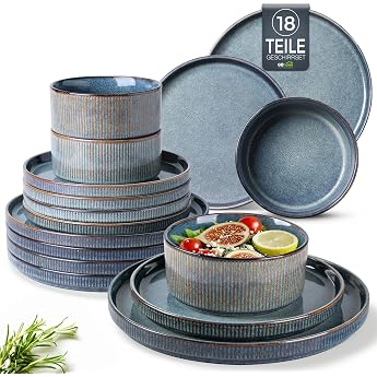 GBhome Stoneware Crockery Set for 6 People 18 Pieces Reactive Glaze Handmade Stoneware Crockery Set Microwave & Dishwasher Safe Bowl and Plate Set