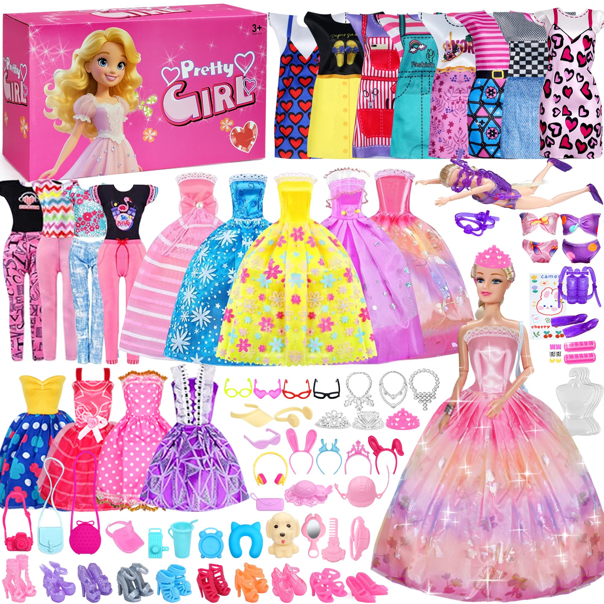 122Pcs Doll Clothes And Accessories - With Doll Sets,Fashion Pack Playset Including Wedding Gowns/Dresses/Hangers/Shoes/Outfit,Fashionista Princess