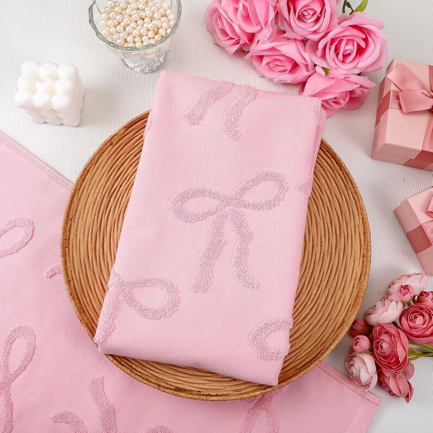 4pcs Pink Hand Towels for Bathroom Bath Decor Bow Hand Towels Cotton Absorbent Decorative Jacquard Weave Bath Decor Soft Absorbent Preppy Style Bathroom Decors Gift for Kitchen