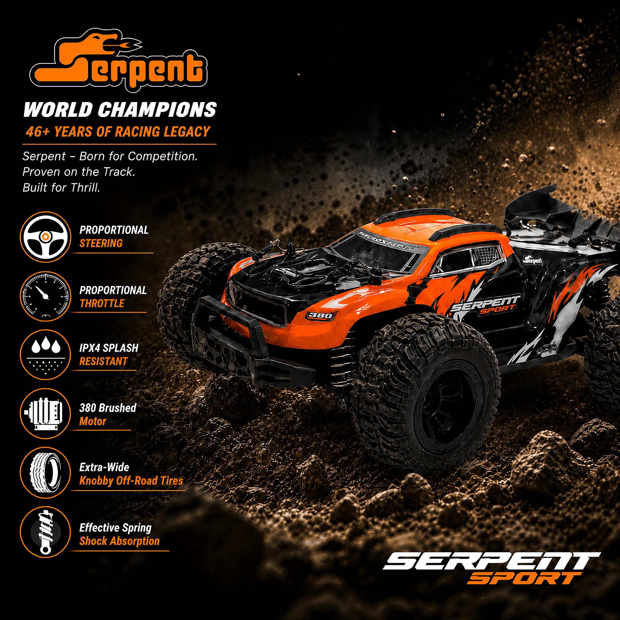 Serpent 1/18 4WD Offroad-Truck,Hochgeschwindigkeits-RC-Auto bis 40 km/h | 1:18 Allgelände-RC-Fahrzeug mit 2,4-GHz-Fernsteuerung, wasserdichter 4x4 Offroad-Truck mit 2 wiederaufladbaren Akkus