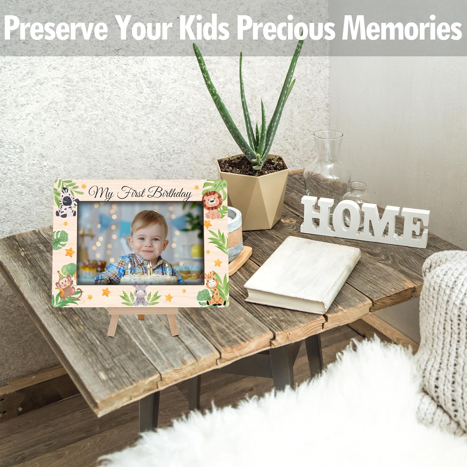 My 1st Birthday Picture Frames, Jungle Animal Wooden 4x6 Photo Frame with Easel, Baby First Year Birthday Gifts for Home Office Tabletop Display Decorations - G04 image 4