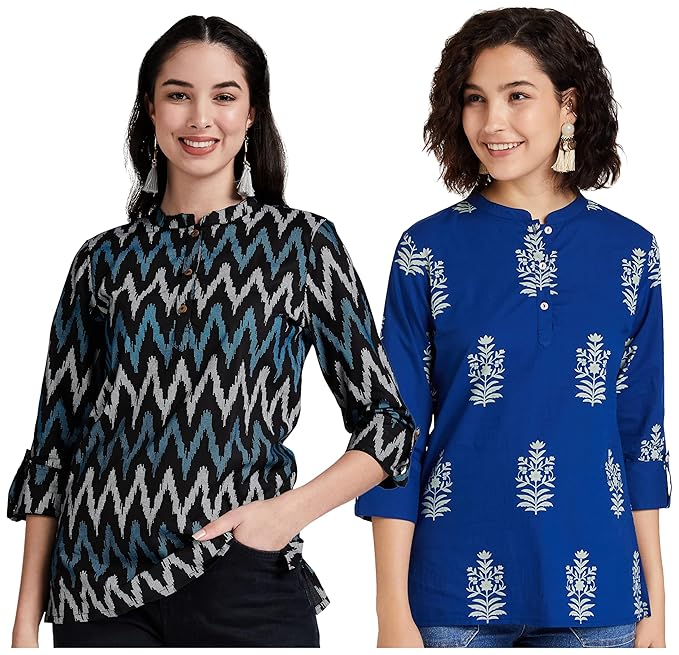 Amazon Brand – Myx Women’s Printed Regular Cotton Short Kurti – Blue-5 + Indigo 1