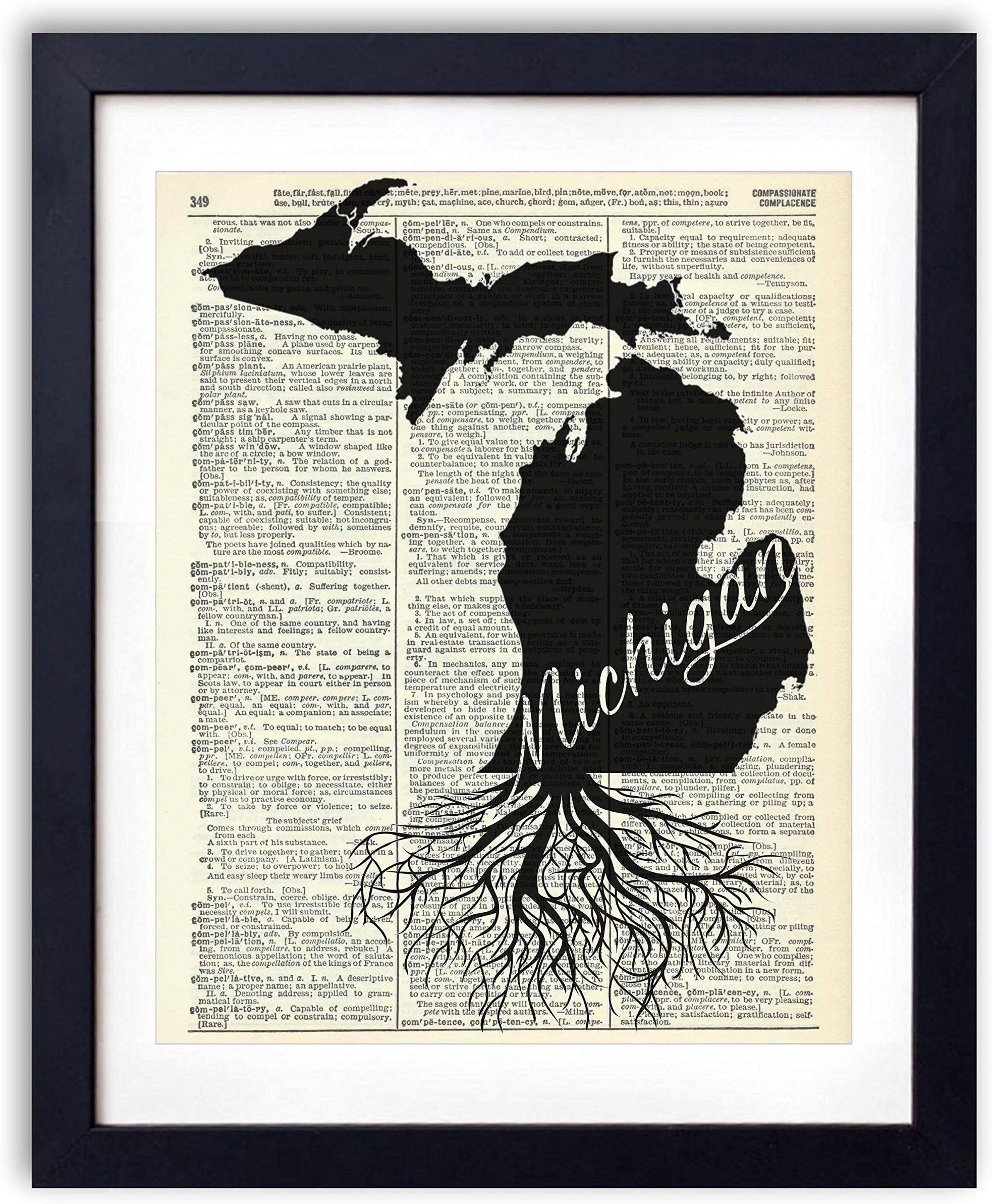 Michigan Home Grown Vintage Dictionary Art Print, Antique Wall Art Home Decor, Modern Boho Poster, Farmhouse Decoration Living Room Bedroom Office 8x10 Inches, Ready To Frame