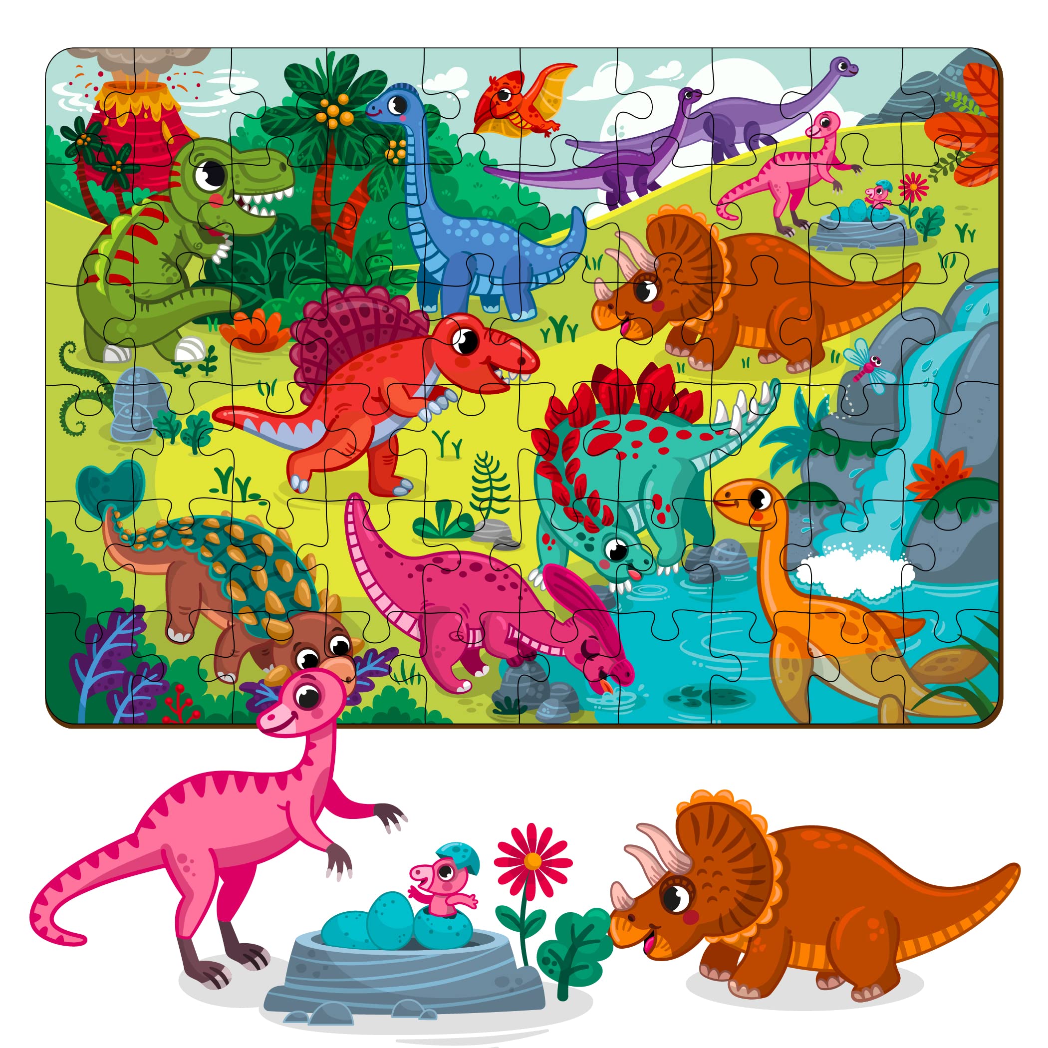 Mini Leaves 60 Piece Wooden Puzzle for Kids 4-6 Years - Dinosaurs World Jigsaw Floor Puzzle With Booster Cards & Box - Safe & Durable Educational Toy-image-21