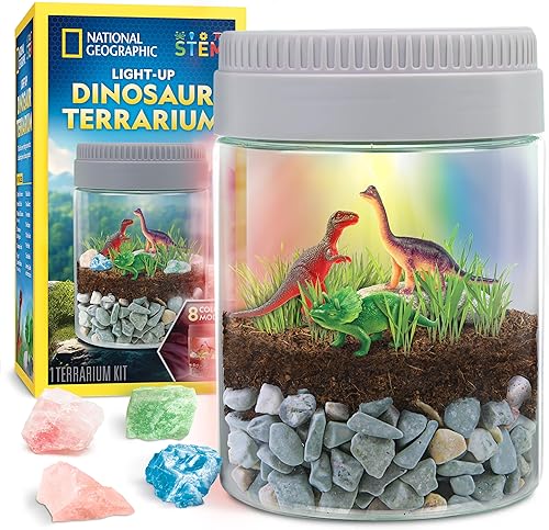 National Geographic - Kit de terrario de dinosaurio para niños, terrario multicolor iluminado, construye un hábitat de dinosaurio con plantas reales