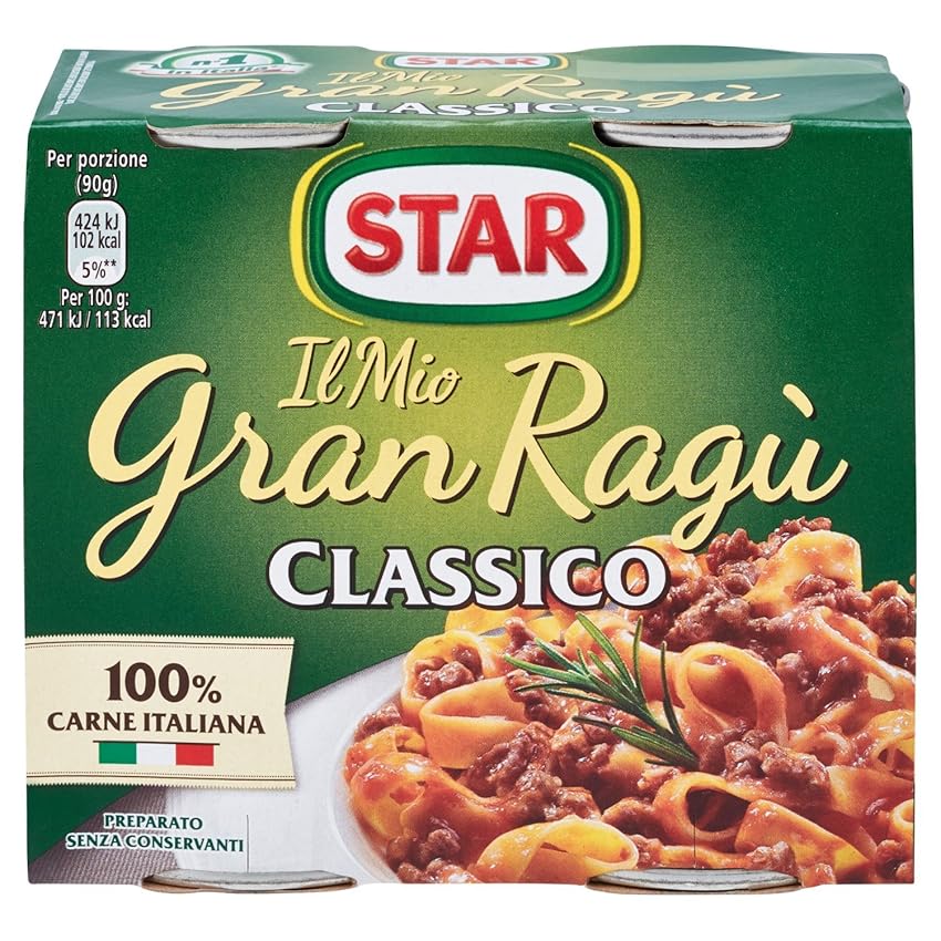 STAR Il Mio GranRagù Classico, 2 x 180gr, ragù preparato secondo la tradizione, 100% carne Italiana controllata e selezionata. Senza conservanti e senza glutine