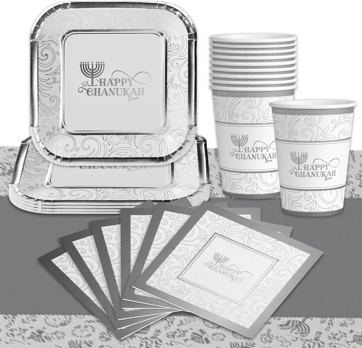 Hanukkah Plates And Napkins Set - Hanukkah Party Set - 7" And 9" Plates, Cups, Napkins and Tablecloth - Serves 8 Silver Foil Chanukah Themed Party Supplies