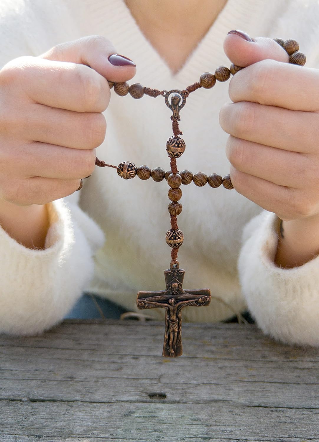 Nazareth Store Our Father Oak Wood Beads Rosary Corded Handmade Prayer Necklace with Virgin Mary Medal and Holy Spirit Jesus Cross - Image 2