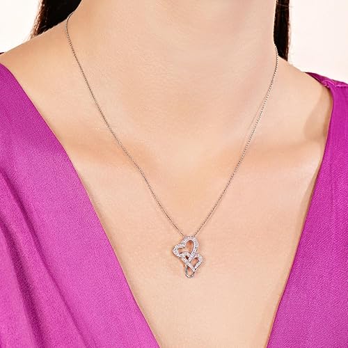 Miniatura 7 de Jewelili Colgante de doble corazón con diamantes redondos blancos naturales en plata de ley de 18 pulgadas, Metal, Diamante