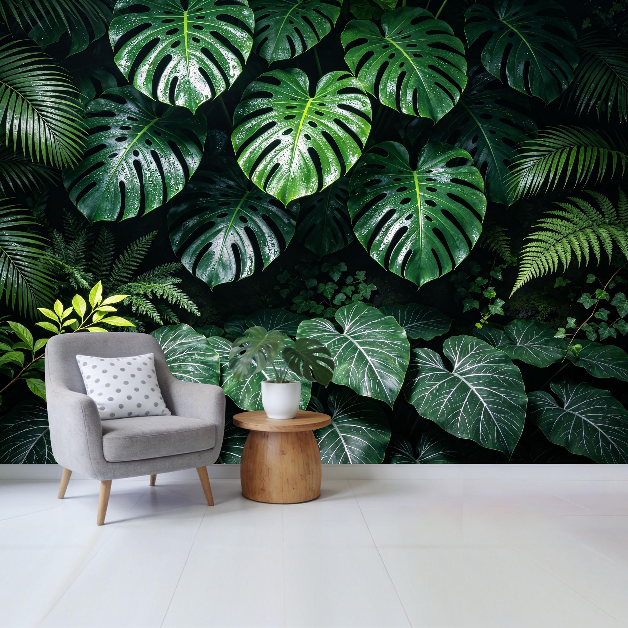 Custom Size Wall Mural， Tropical Jungle Botanical Monstera Palm Fern Leaves Removable Self Adhesive Fabric，Home Wall Decor for Living Room Bedroom Bathroom