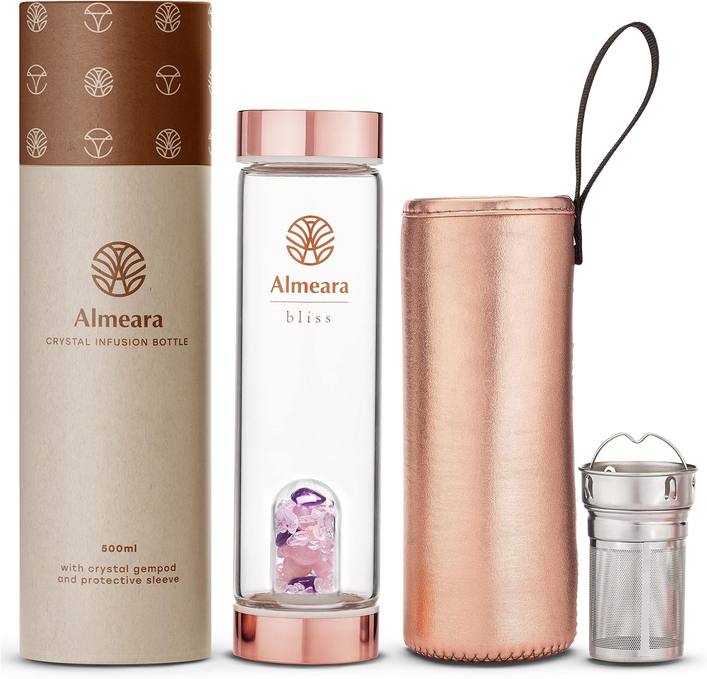 Crystal Water Bottle | Amethyst, Rose Quartz & Clear Quartz Crystals | Authentic Gemstones – Loose Leaf Tea infuser – Gem Elixir Infused Tempered Glass Water Bottle - Gift ready box - 16.9 oz