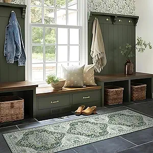 Deerly Green Boho Runner Rug 2x7 Washable Hallway Runner Vintage Throw Rug Non-Slip Low-Pile Floor Carpet for Kicthen Indoor Front Entryway Bathroom Bedroom, Green/Multi