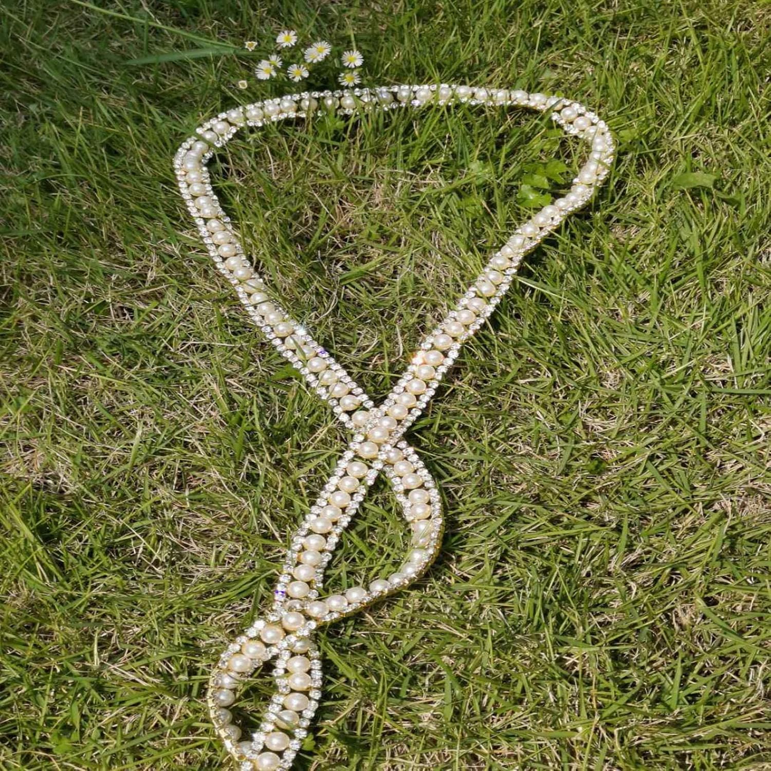 1 Yard Pearl Rhinestone Chain, Crystal Rhinestones Pearl Chain Trim for Crafts Wedding Dress Decoration (Gold)