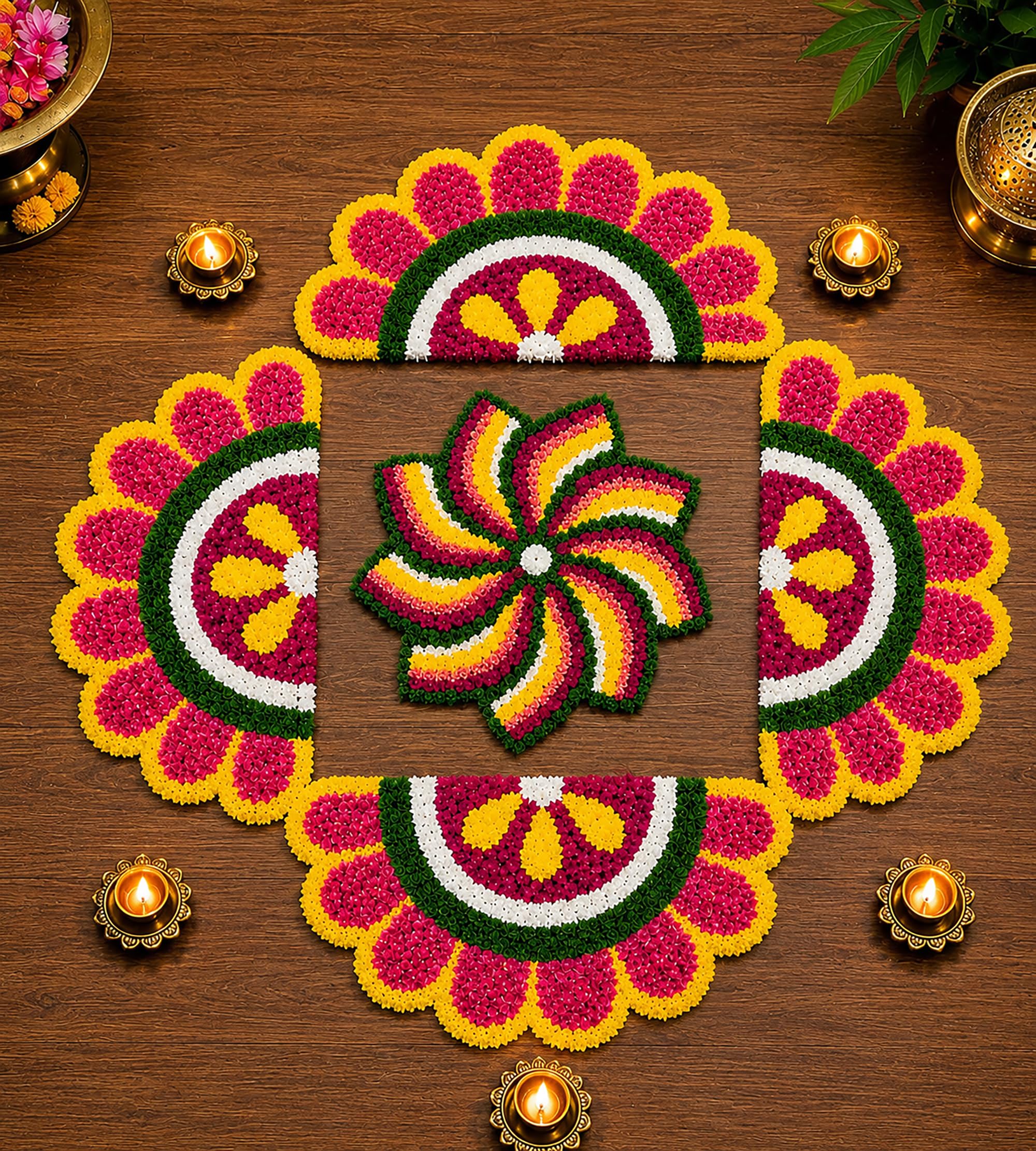 Pcrafts Premium Feather Wool Rangoli Mat Set of 5 Pieces | 1 Middle Mat - 16 Inch and 4 Side Mat - 14 Inch |for Diwali and Pooja Decoration | Washable Reusable Floor Rangoli Mat | Pink-image-32