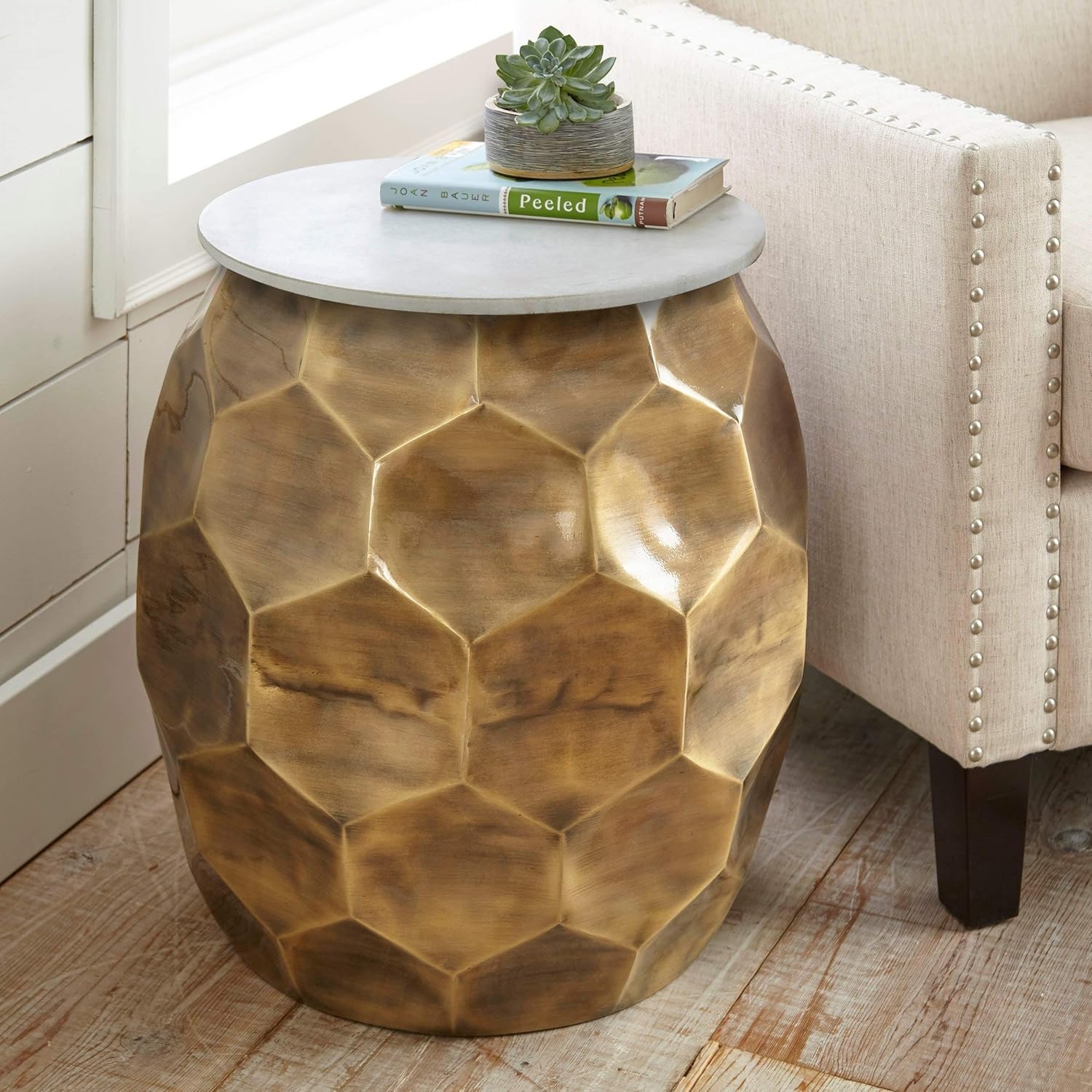 Modern Brass Drum End Table for Living Room Barrel Shaped