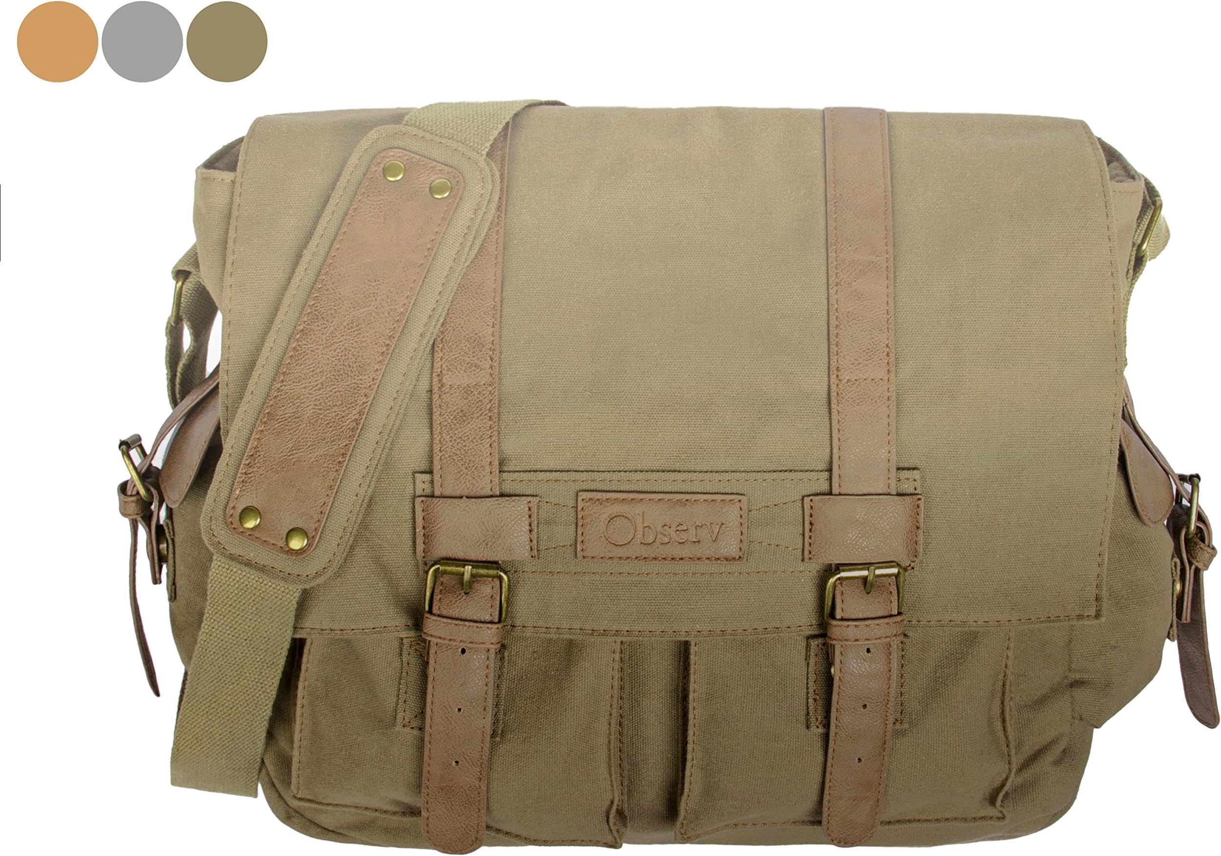 Observ Classic Laptop Messenger Bag, Army Green - Large Canvas Pack Designed to Fit Laptops 13", 14" and up to 15.6 Inches