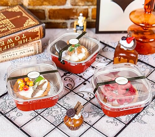 Miniatura 2 de 50 piezas de mini moldes cuadrados para hornear con tapas y cucharas, moldes mini de papel de aluminio para pasteles con tapas, ramekins