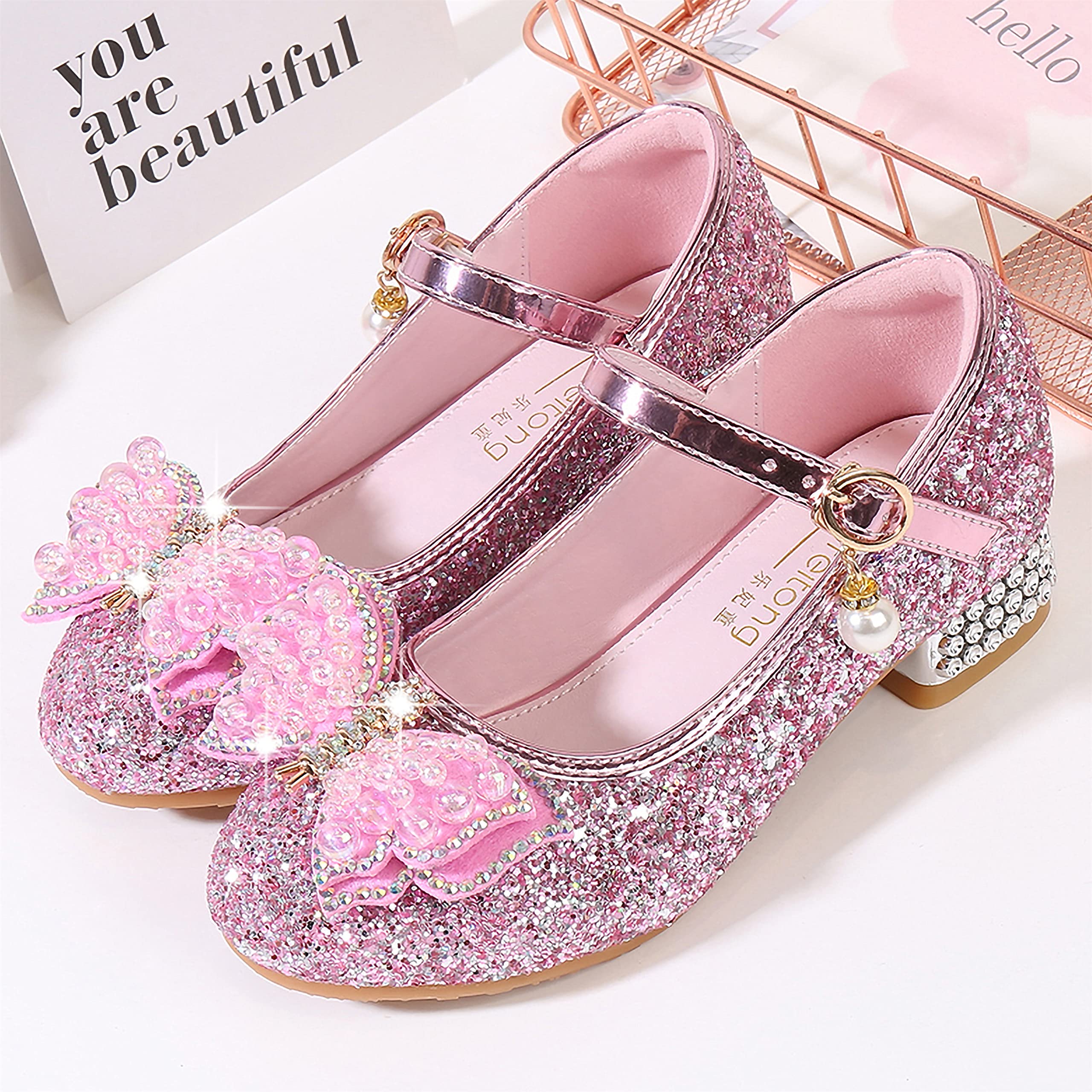 YOSICIL Principessa Scarpe con Tacco da Bambine e Ragazze con Fiocchi Scarpe da Principessa con Paillettes Ragazza Ballerine Glitterate Scarpe Eleganti Partito e Carnevale，Rosa