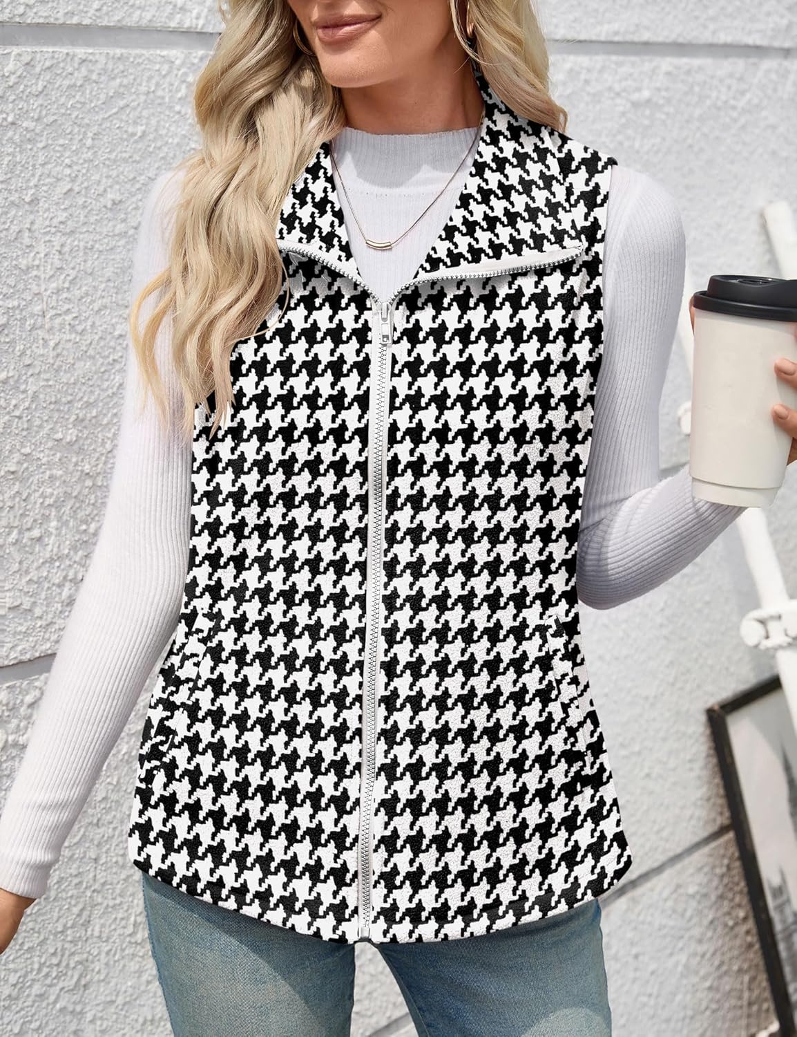Rapbin Women's Plaid Outerwear Vests Tops Zip Up Collared Sleeveless Jacket with Pockects - Image 6