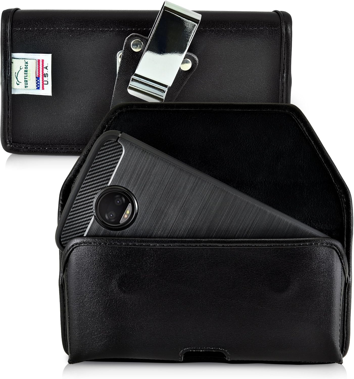 Turtleback Belt Case Compatible with Motorola Moto Z2 Force Black Holster Leather Pouch with Heavy Duty Rotating Ratcheting Belt Clip Horizontal
