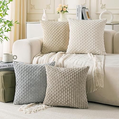Cozoomy Juego de 4 fundas de almohada decorativas neutras de 16 x 16 pulgadas, fundas de almohada de pana para cama, sofá, sala de estar, fundas de Cozoomy Juego de 4 fundas de almohada decorativas neutras de 16 x 16 pulgadas, fundas de almohada de pana para cama, sofá, sala de estar, fundas de