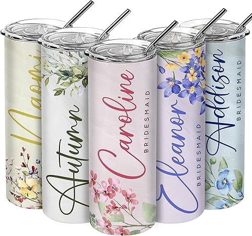 Juego de 3 vasos personalizados para dama de honor con nombre y título, 6 diseños florales, vaso de 20 onzas con pajita, despedida de soltera,