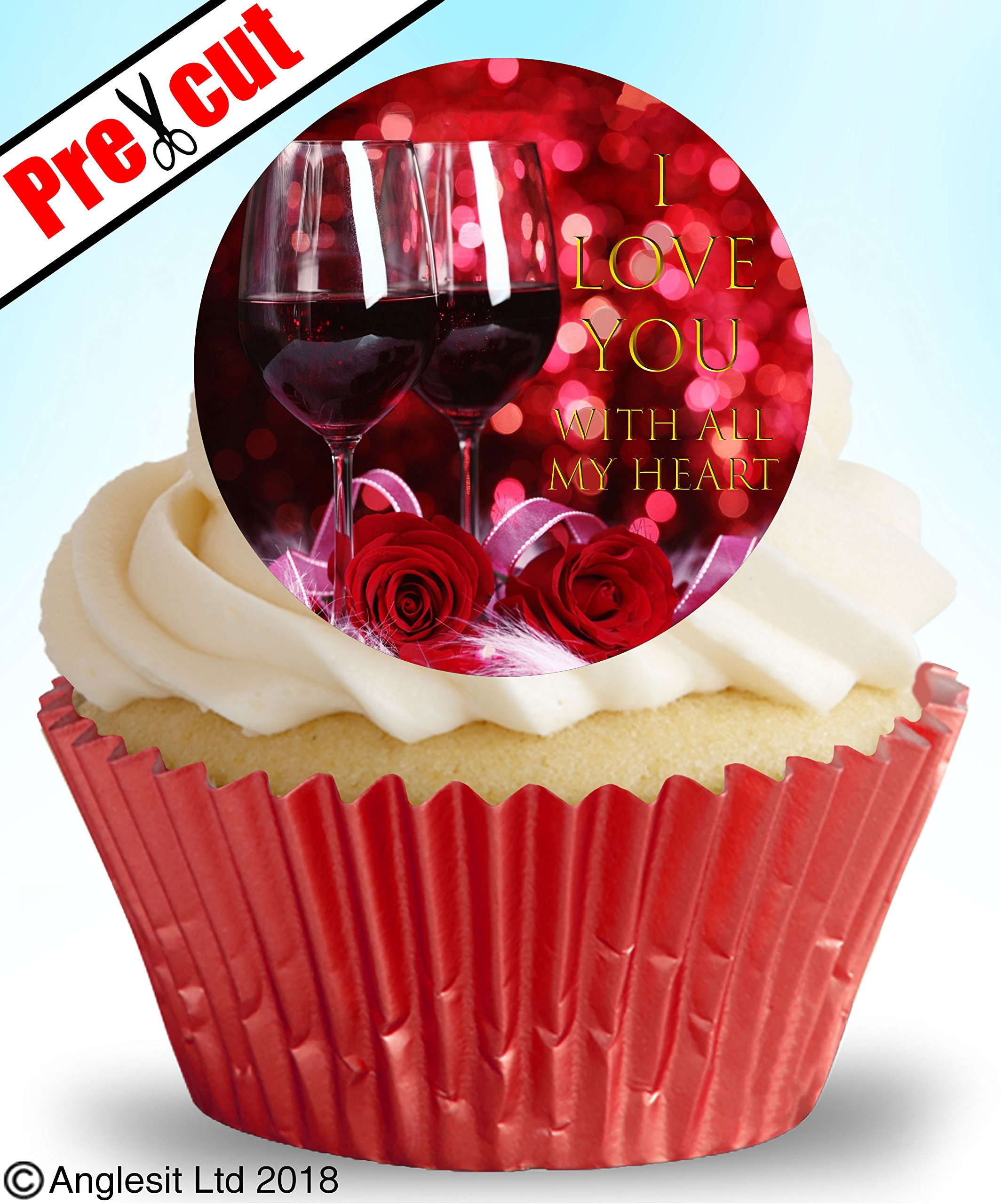 12 X PRE-CUT I LOVE YOU V XI.a EDIBLE RICE/WAFER PAPER CUPCAKE CAKE DESSERT TOPPERS VALENTINE'S DAY WEDDING ANNIVERSARY ENGAGEMENT PARTY DECORATIONS