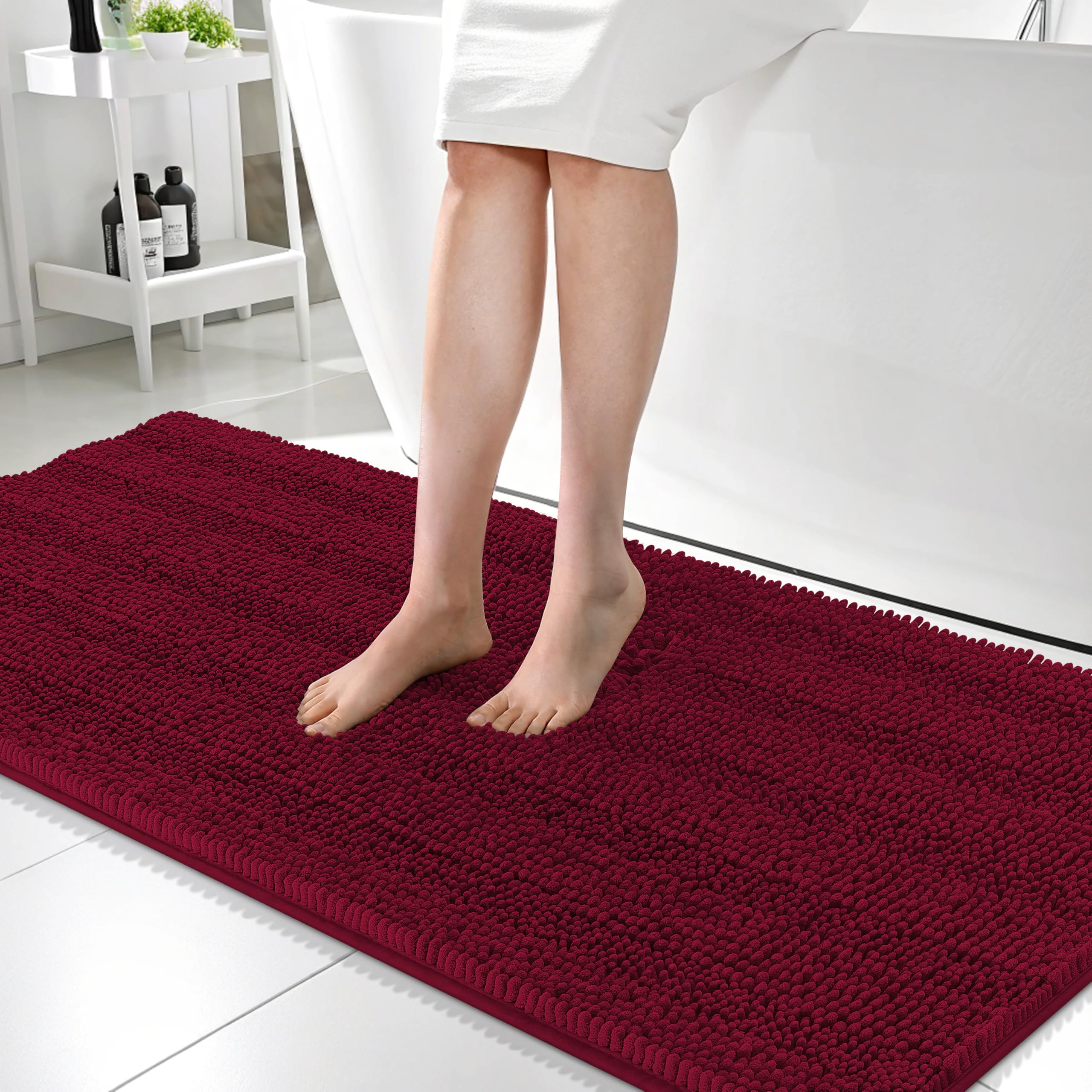 OLANLY Thick Bathroom Runner Rugs 59x24, Soft Chenille Bath Rugs, Burgundy