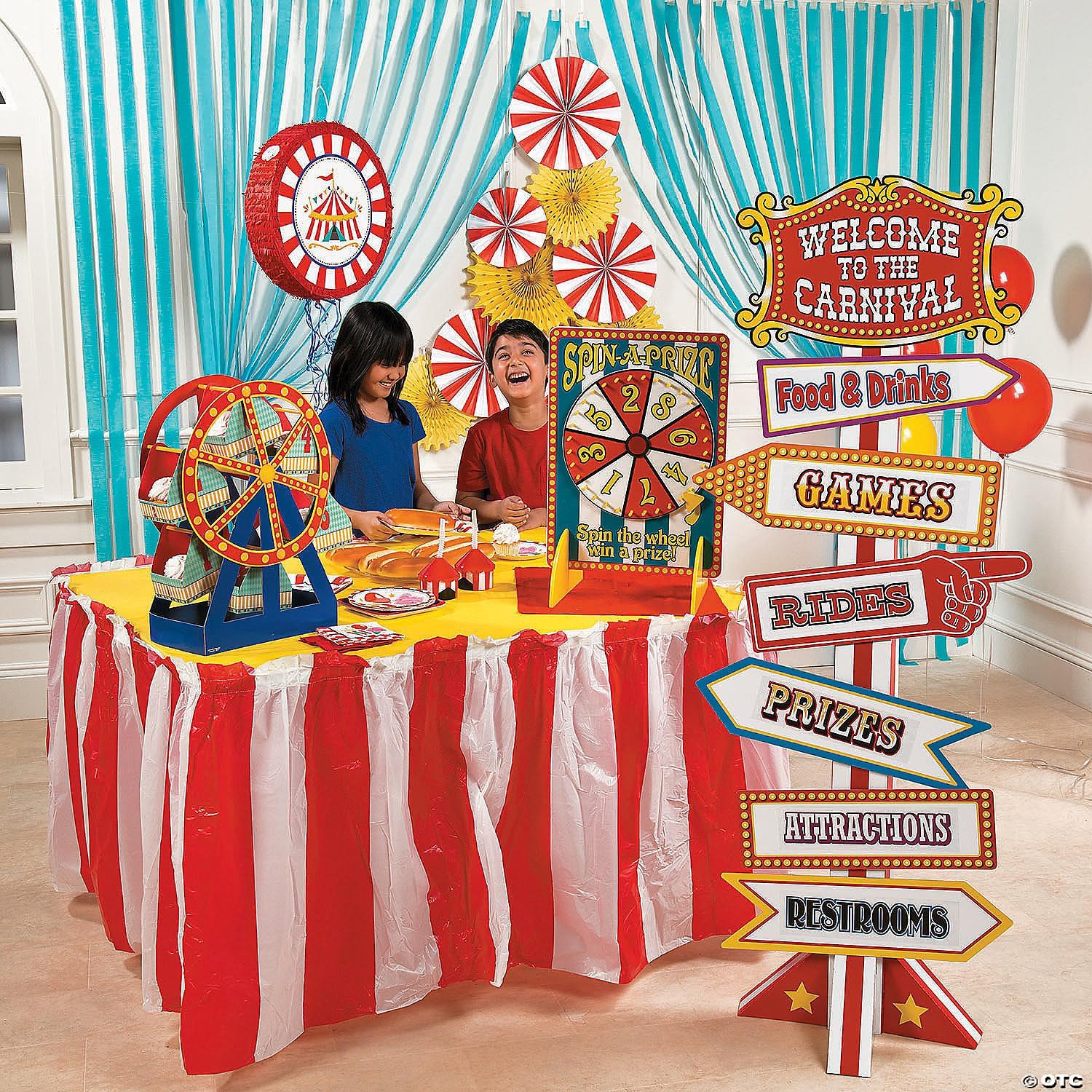 2 Carnival Table Skirts, Circus Tableskirt Decorations Red and White Striped Carnival Theme Party Decorations 2 Pack 14'' ft. x 29" plastic table skirt