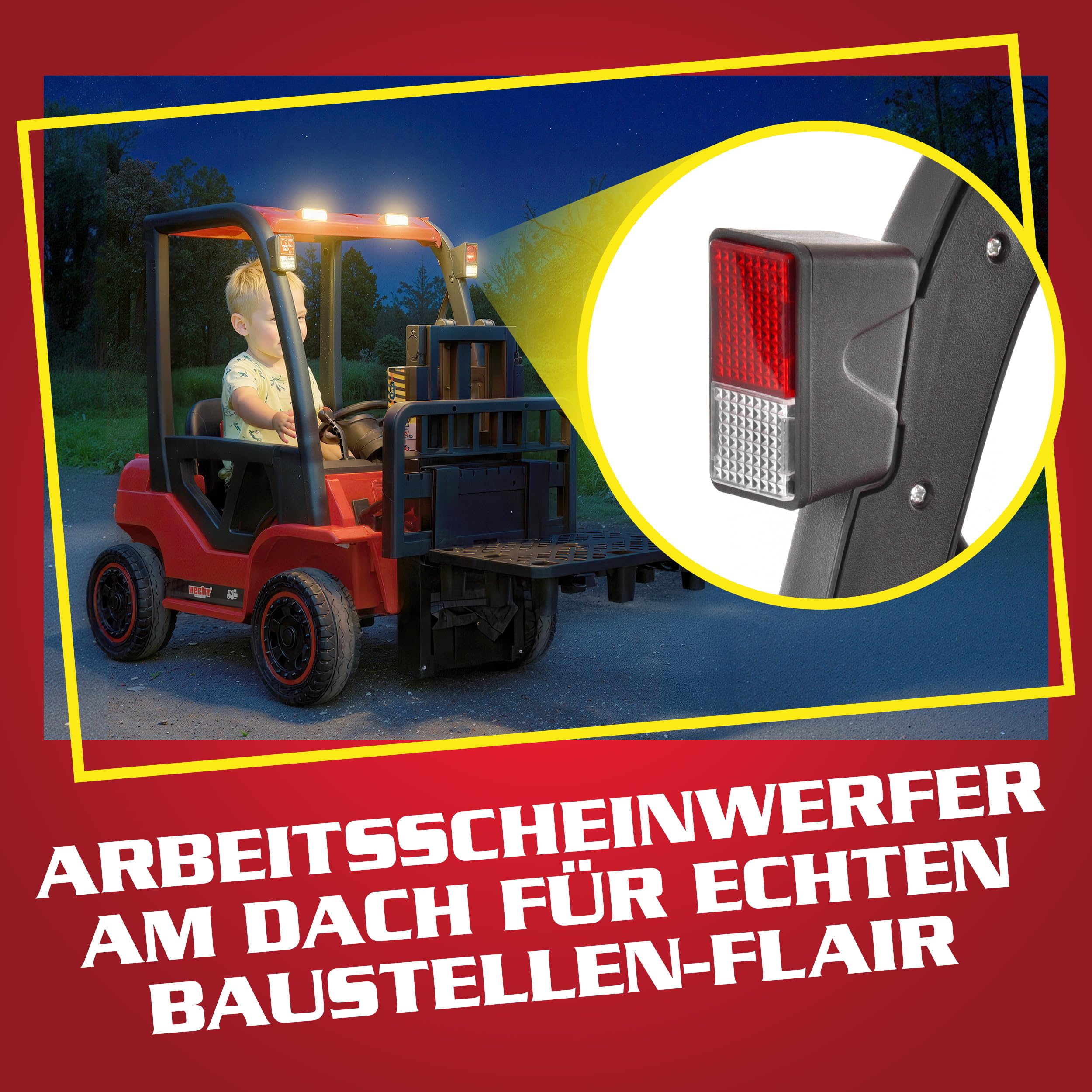 HECHT Kinder Elektro Gabelstapler 12V rot mit Fernbedienung | 2x40 W Motoren, ferngesteuertes Kinderfahrzeug ab 3 Jahre, bis 6 km/h, inkl. Palette und 35 kg Traglast