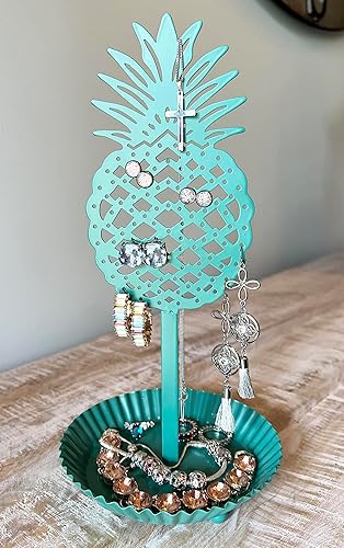 Miniatura 2 de Organizador de aretes de piña, exhibición de árbol de joyería de pie de metal con bandeja para anillos, decoración de playa tropical costera (verde)