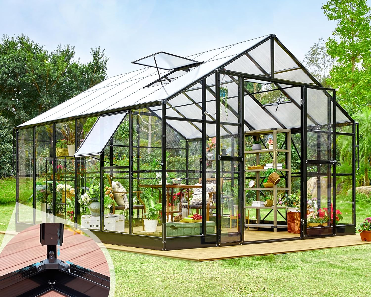 AMERLIFE 12x13.5x9 FT Hybrid Polycarbonate Greenhouse with Quick Connector Fast Assembly Clear Panels, Walk-in Large Aluminum Greenhouses for Outdoors, Swing 2 Doors 4 Vents, Black