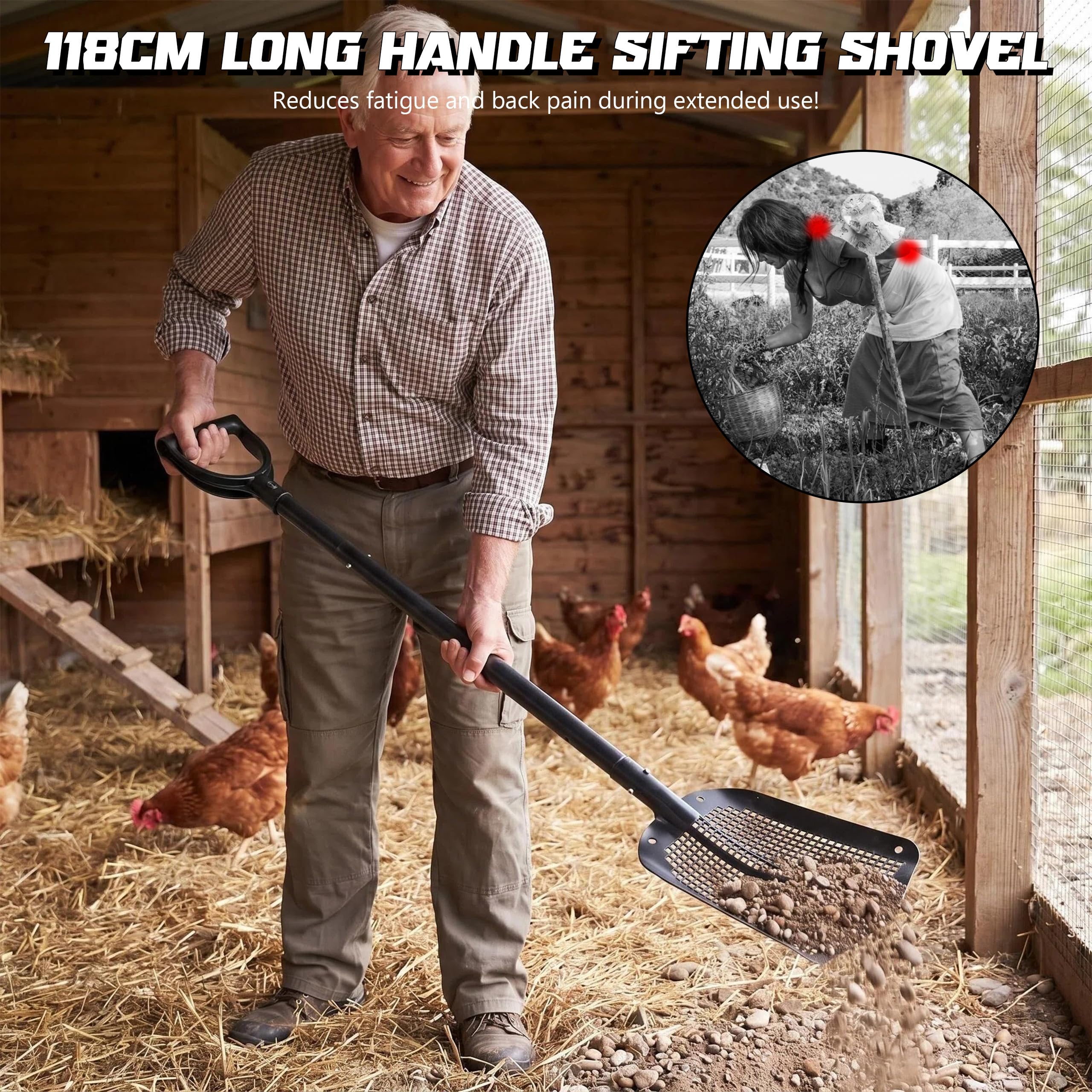 Tragbare Siebschaufel mit 59-118 cm Einstellbar Griff Gartensieb Aluminiumlegierung Sandschaufel Strandschaufel Scooper Garten für Schatzsuche Hühnerstallreinigung Sieben von Kies