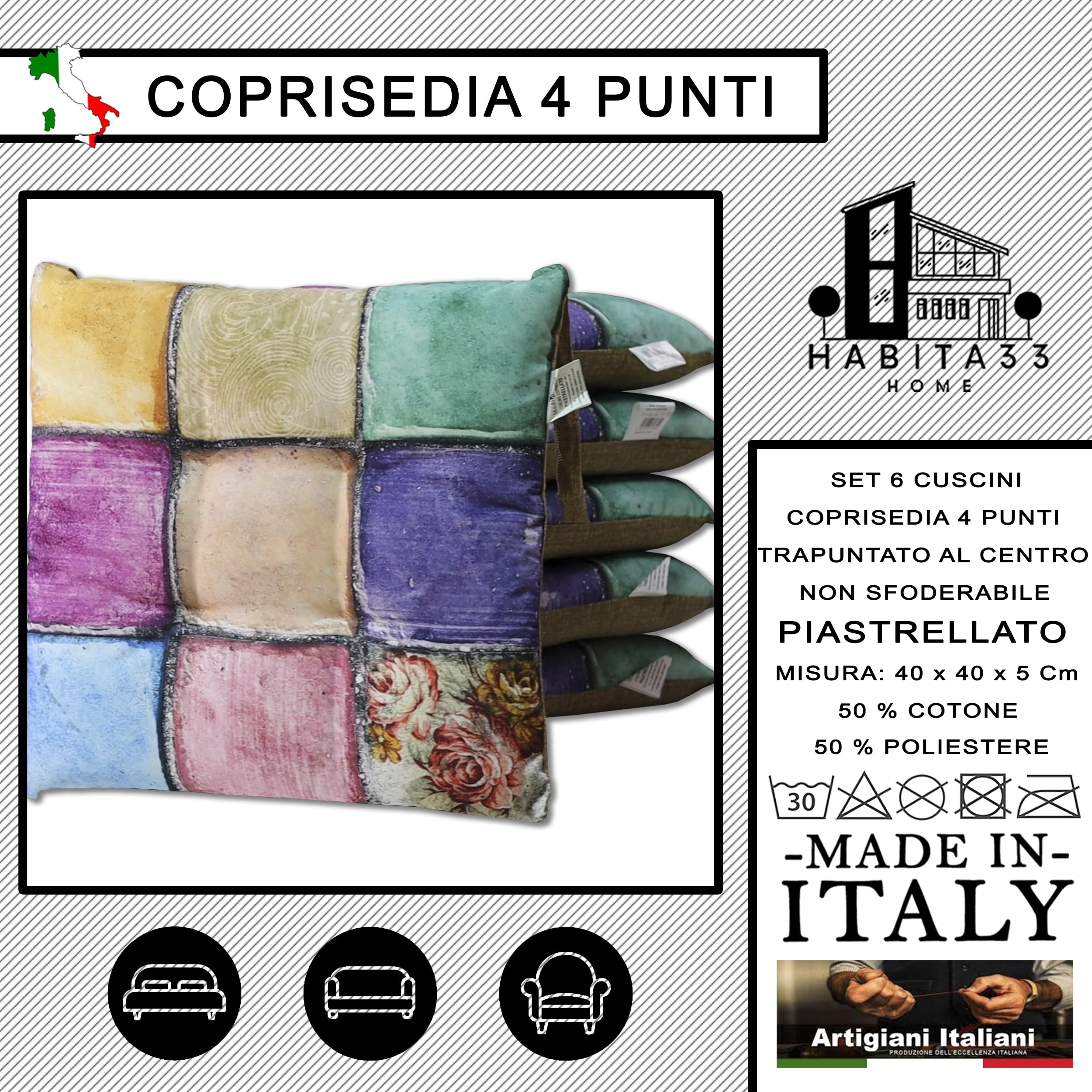 HABITA 33 HOME Set di 6 Cuscini Sedie Cucina in Stampa Digitale - Cuscini per Sedie da Cucina Trapuntati al Centro con Laccetti Copri Sedia per Interno o Esterno, Made in Italy (Piastrellato)