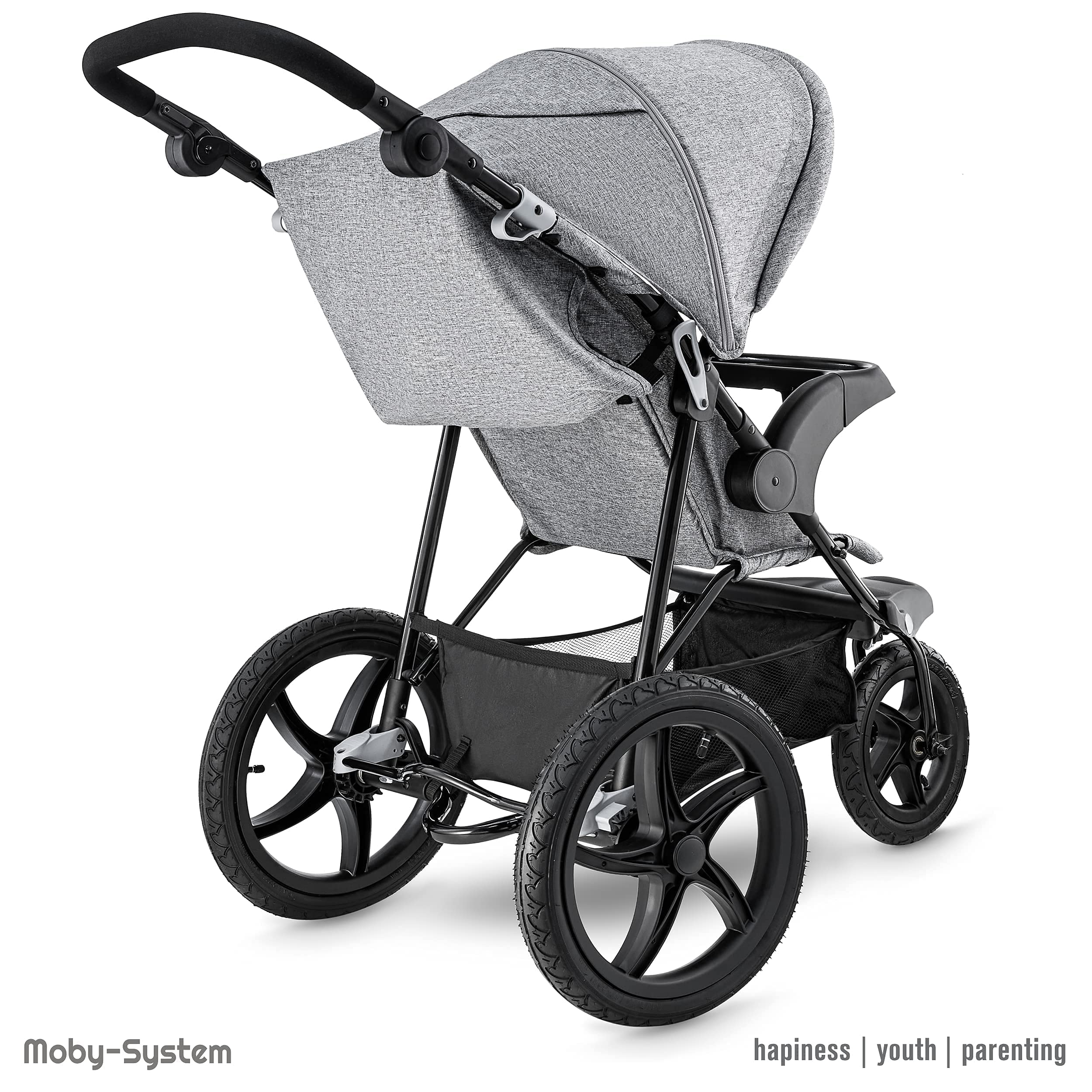 Moby-System Runner Mountain Dreirad-Kinderwagen mit Regenschutz, 5-Punkt-Gurt, Reflektoren - Kinderwagen Zubehör für Kinder bis 15 kg, Grau - Leicht Zusammenklappbar