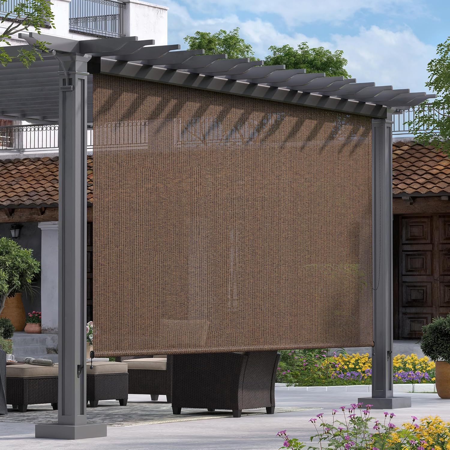 VICLLAX Outdoor Retractable Roller Shade for Porch Gazebo, Patio Exterior Cordless Blinds for Front Porch Pergola(8'W X 8'L), Anthracite Grey