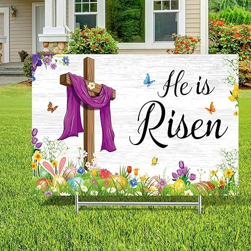 Letrero de Pascua para patio, decoración al aire libre, con texto en inglés "Happy Easter He is Risen", letrero de pascua para jardín, patio,