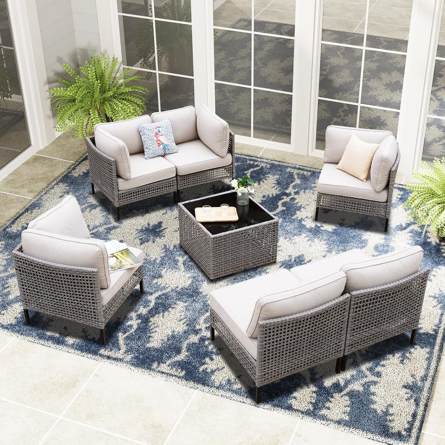 7-Piece Patio Rattan Furniture Set with 4 Armchairs, 2 Armless Chairs and Table, Modular Outdoor Wicker Sectional Sofa with Beige Cushions for Backyard, Porch, Garden