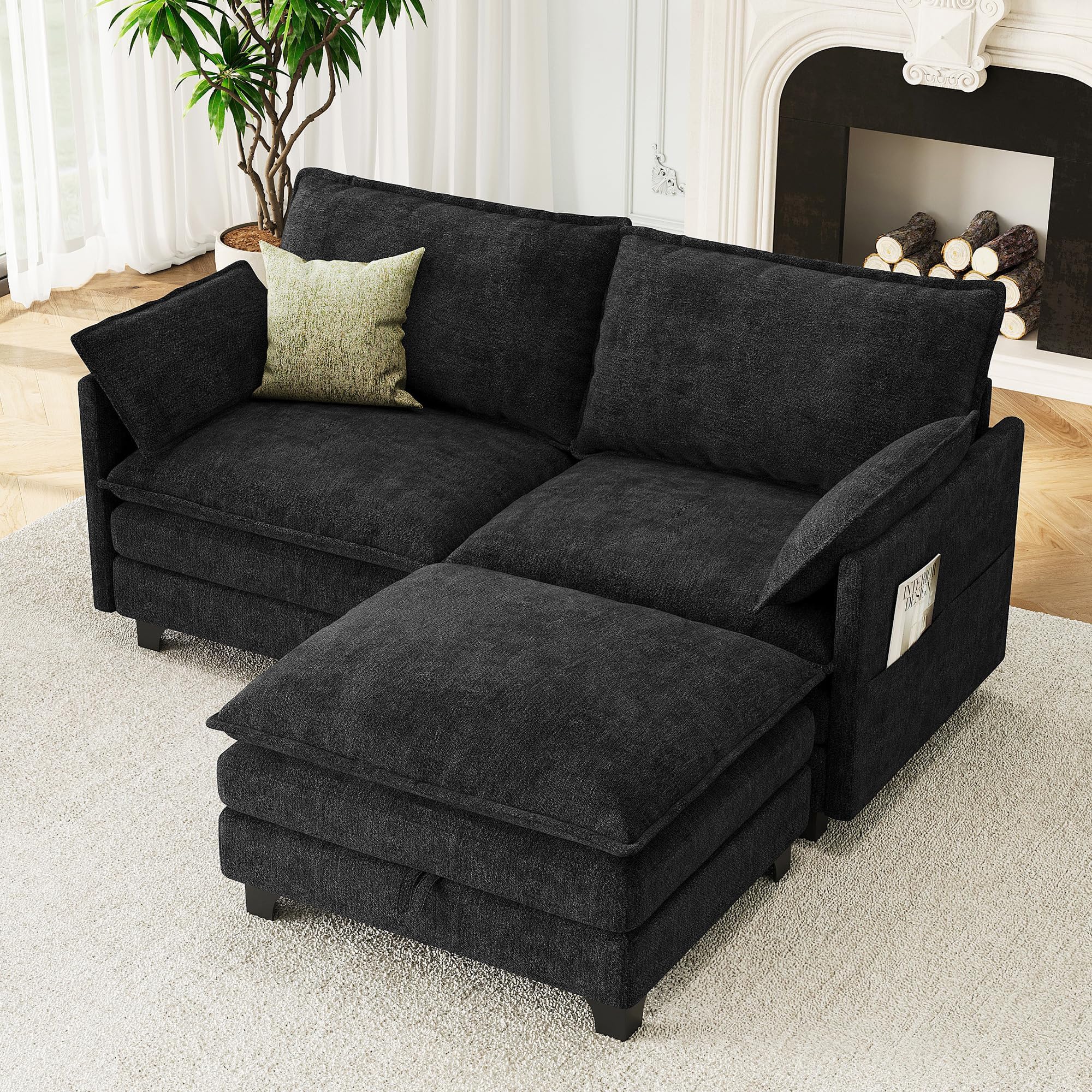 71.9" L Shaped Modern Modular Sectional Sofa, Chenille 2 Seater Couch with Storage Ottoman, Cloud Deep Seat Couches with Side Pocket for Living Room, Bedroom and Apartment, Dark Grey