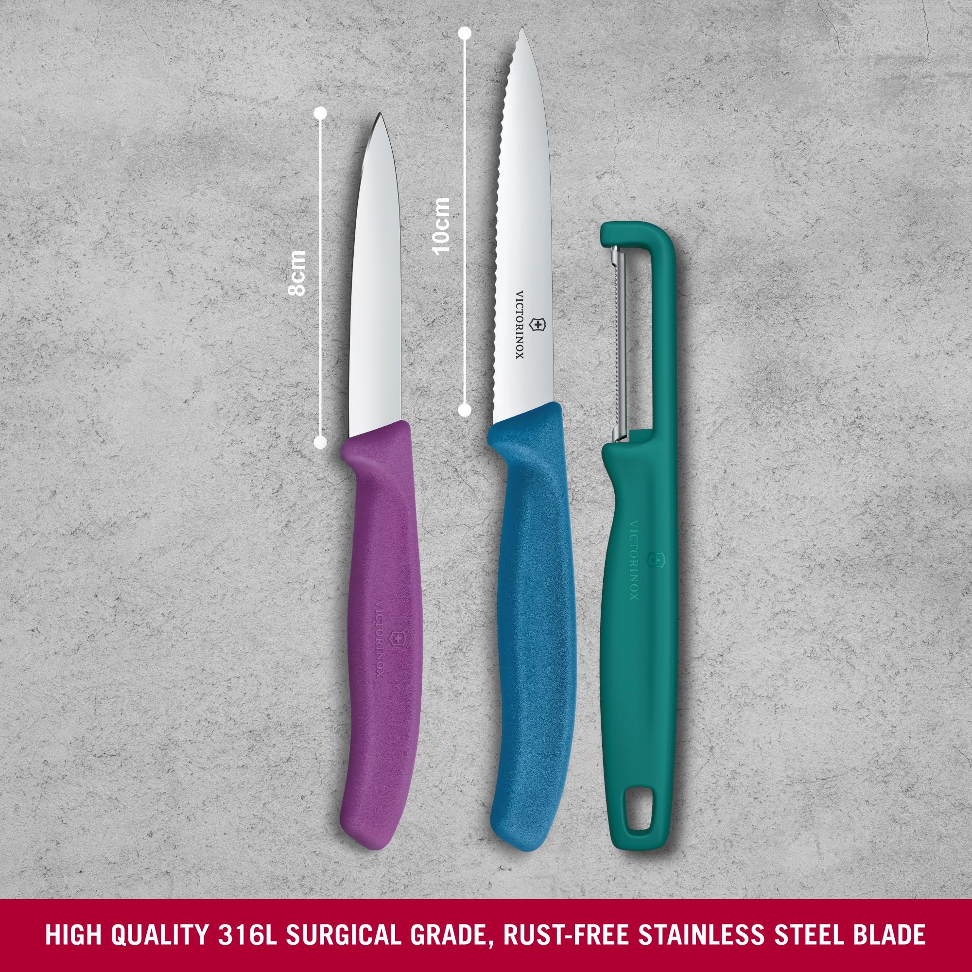 Victorinox Swiss Classic nóż do obierania z obieraczką, obieraczką i nożem do pomidorów, zestaw 3-częściowy, bardzo ostre ostrze, kolorowe