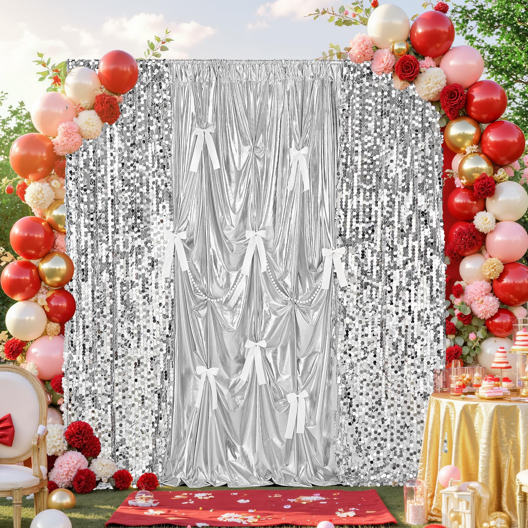 Silver Valentine's Day Sequin Backdrop Curtain Drapes - 8.8x8ft 18MM Large Sequin Curtain Backdrop Panel Glitter Photo Background for DIY Birthday