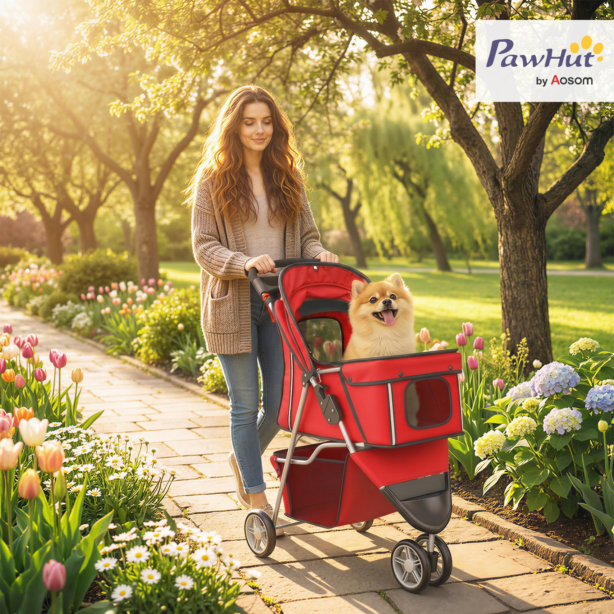 PawHut Poussette Buggy Pliable Animaux Chien Tout Terrain Rouge | Chariot Pliant Chien Chat, Panier de Rangement Inclus, Roues Avec Frein, Tissu 600D Oxford Acier, Porte-Gobelet, 75x45x97cm