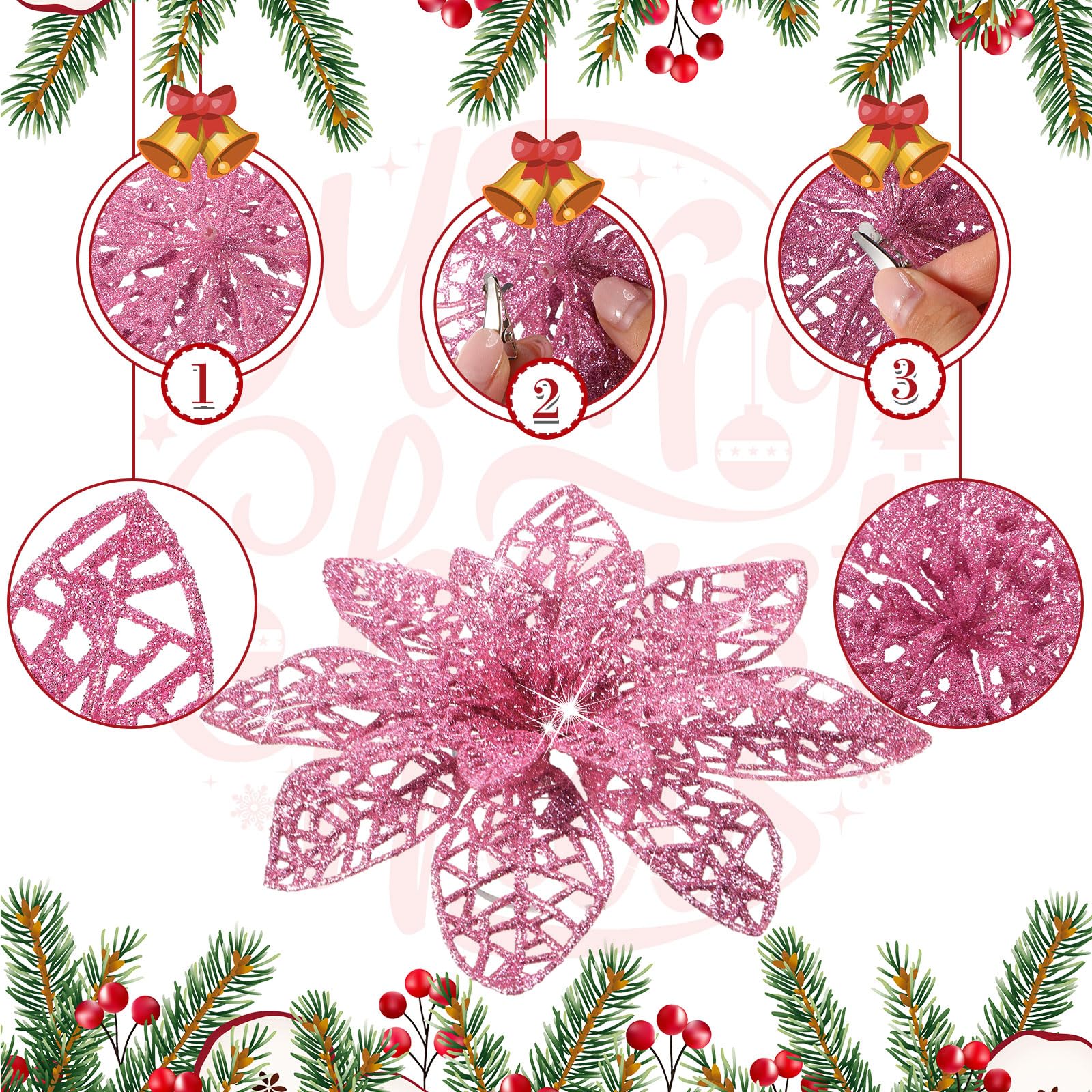 36 Pieces Christmas Glitter Poinsettia Flowers Wedding Glitter Flowers Christmas Tree New Year Ornaments (Pink) - Image 3