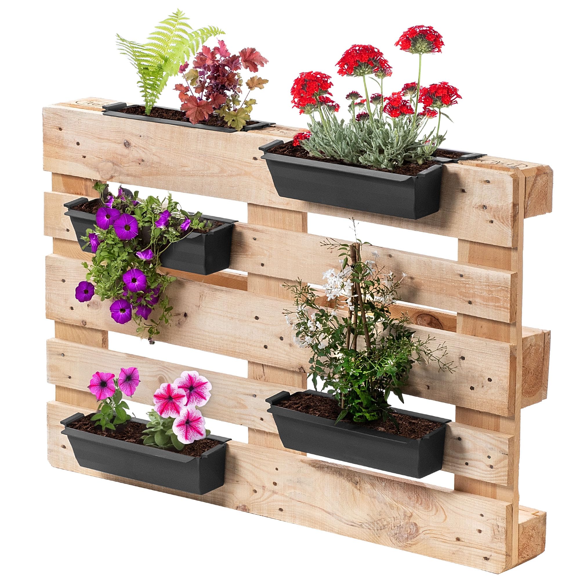 KADAX Set de 12 jardineras para paletas con sistema de suspensión, 37x9 cm Negro, para plantar y decorar como macetero de balcón, maceta para paleta europea, inserto de maceta y maceta decorativa en