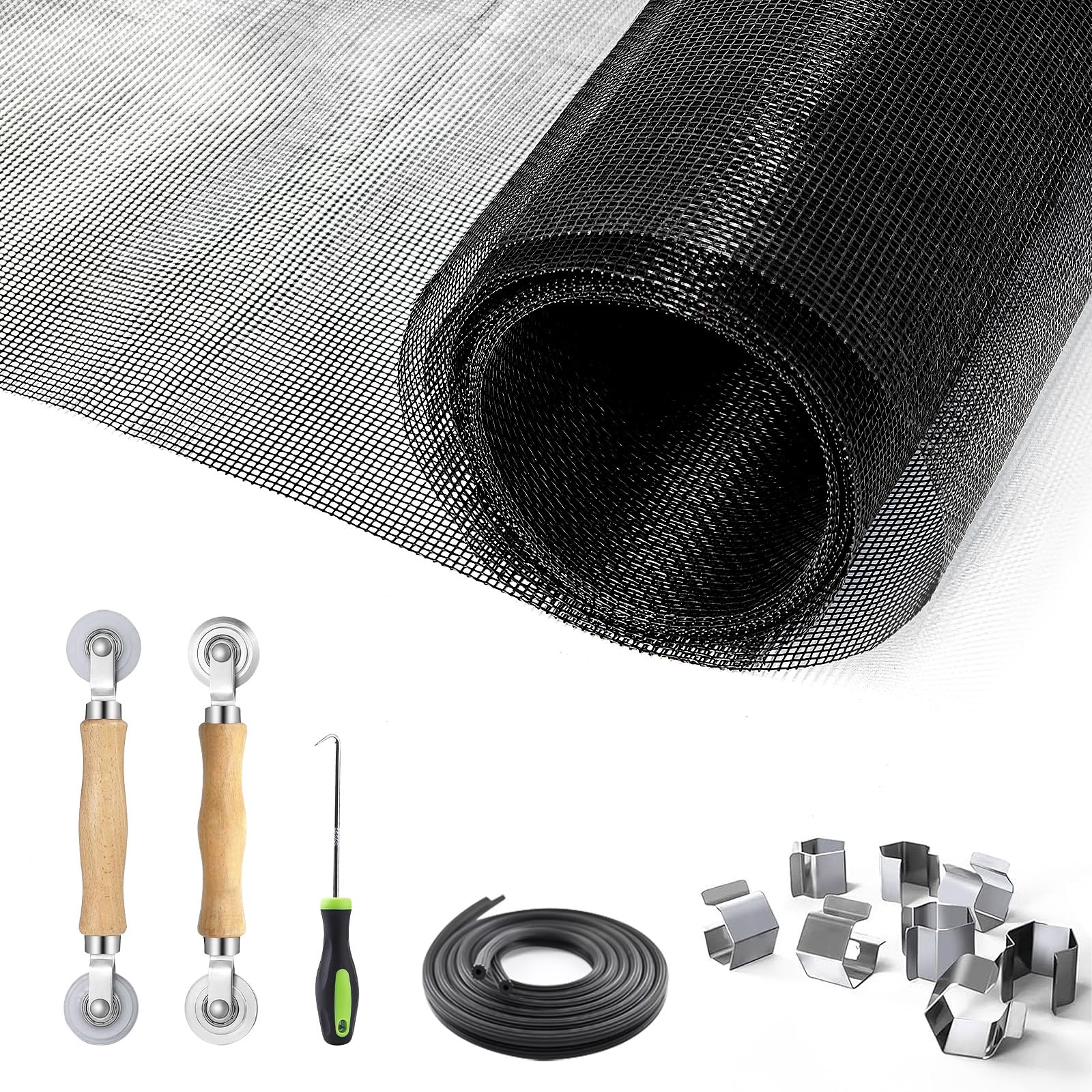 Photo 1 of King&Charles Window Screen Door Repair/Replacement Kit, Include Black Screen Mesh 59"x106"+ 2 Roller+50Ft Spline+8Clips+Hook, 6 in 1 Window Mesh Kit, Steel/Nylon Bearing Roller