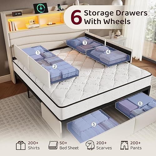 Miniatura 6 de Base de cama tamaño Queen con 6 cajones de almacenamiento, plataforma tapizada de lino con estación de carga y luces LED, diseño de cabecera en