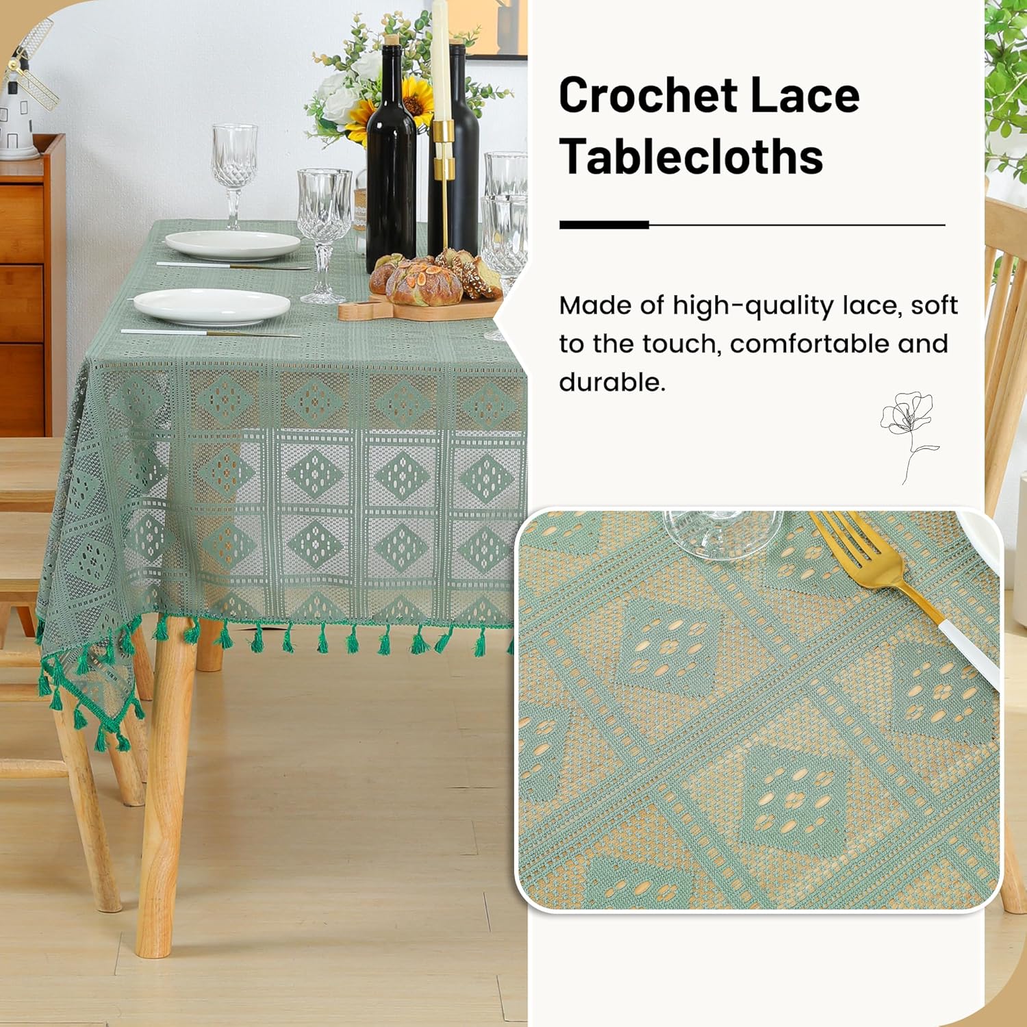 Green Chrochet Lace Tablecloths Rectangle Table Cloths Openwork Table Cover for Wedding Party Holiday Dinner Home Decoration (55"x70", Green)