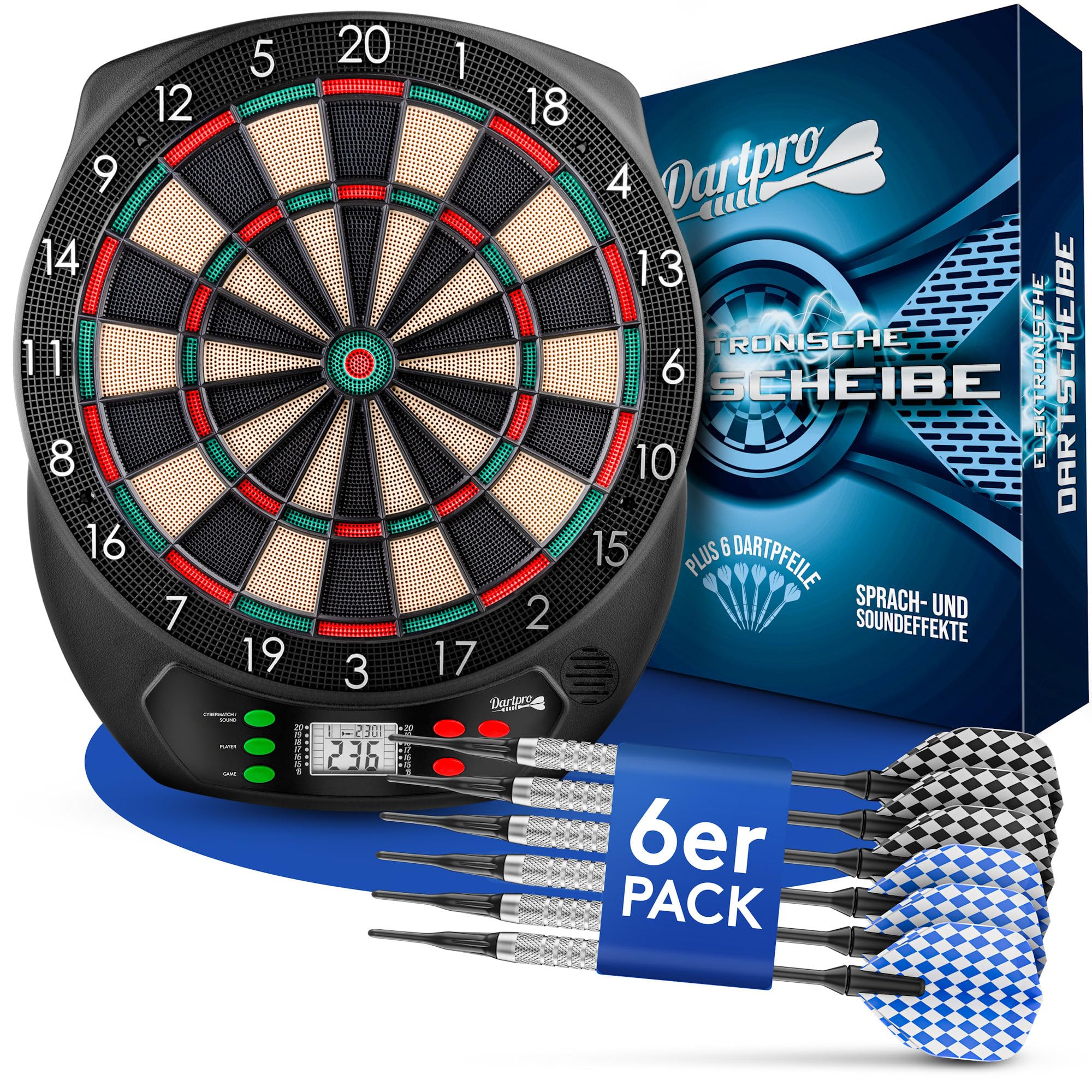 DartPro [DAS ORIGINAL] - Elektronische Dartscheibe Profi - Dartboard mit 6 Darts [kabellos nutzbar] - Innovativer Dartautomat mit 65 Varianten - Double IN & Double Out - für 1 bis 8 Spieler